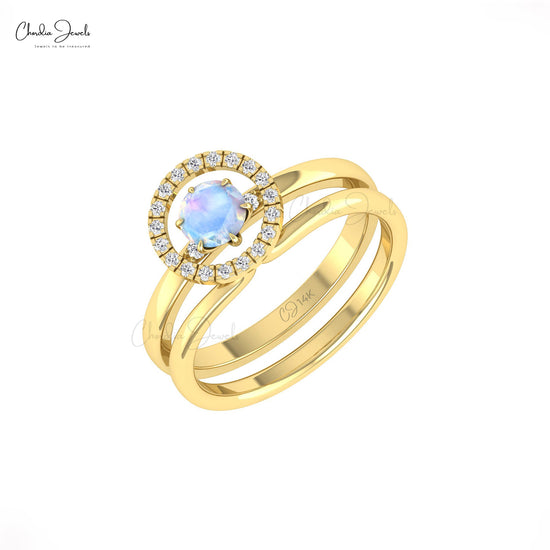 Solitaire Dual Band Ring With 5mm Moonstone And Diamond Circle 14k Solid Gold Ring