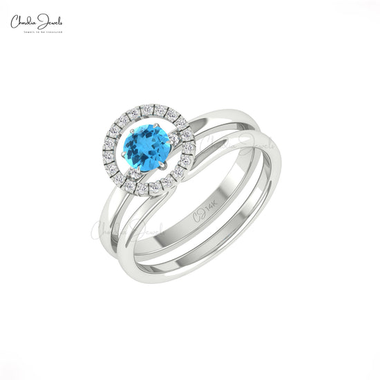 Solitaire Stacking Ring In 5mm Round Swiss Blue Topaz Diamond Halo Wedding Ring