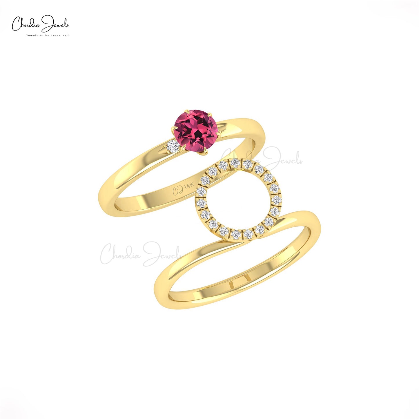 Detachable Circle Ring In 14k Real Gold With 5mm Round Pink Tourmaline Diamond Halo Ring