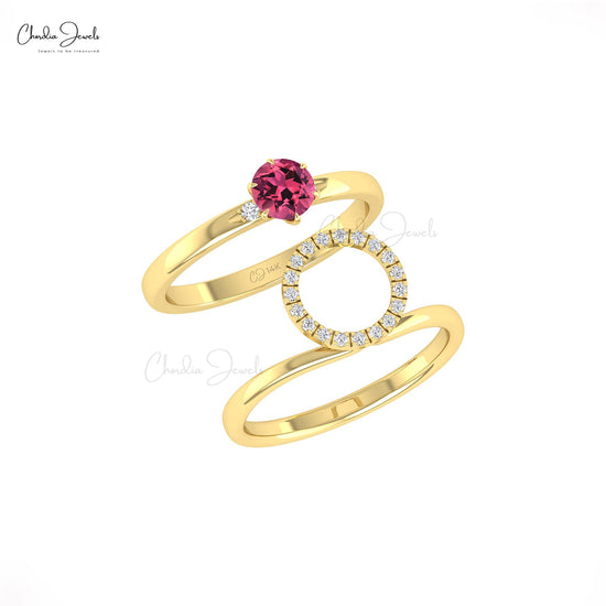 Detachable Circle Ring In 14k Real Gold With 5mm Round Pink Tourmaline Diamond Halo Ring