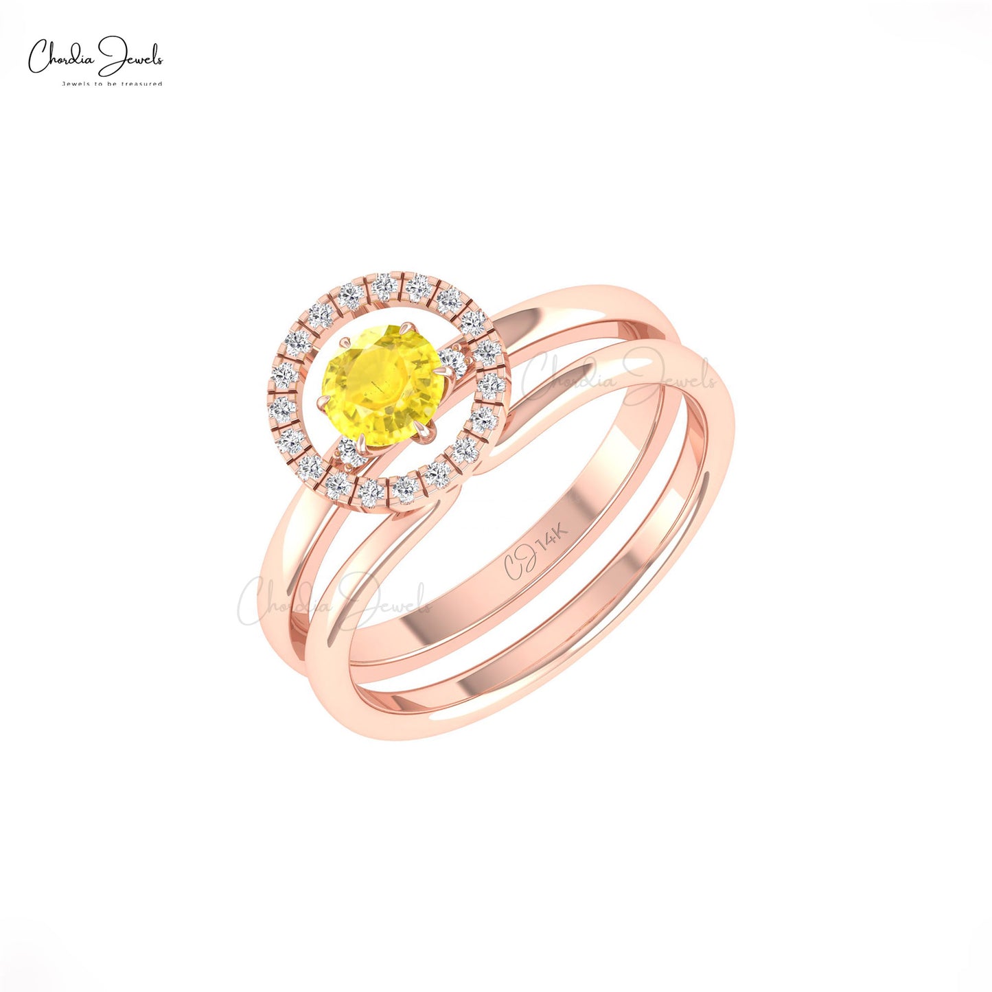 Solitaire Gemstone Dual Band in Solid 14k Gold Yellow Sapphire And Halo Diamond Ring