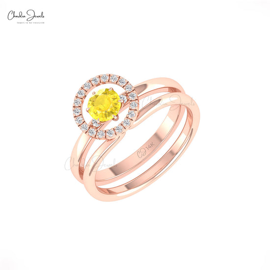 Solitaire Gemstone Dual Band in Solid 14k Gold Yellow Sapphire And Halo Diamond Ring