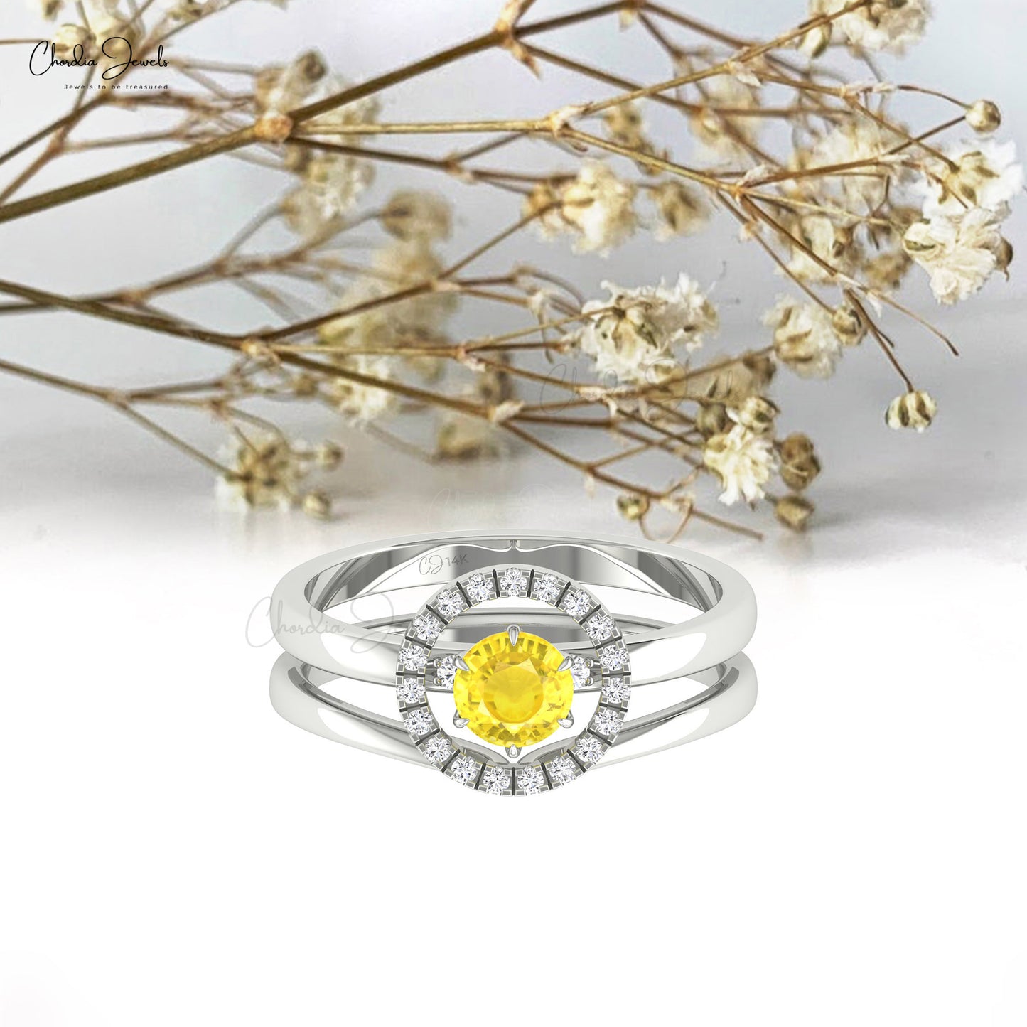 Solitaire Gemstone Dual Band in Solid 14k Gold Yellow Sapphire And Halo Diamond Ring