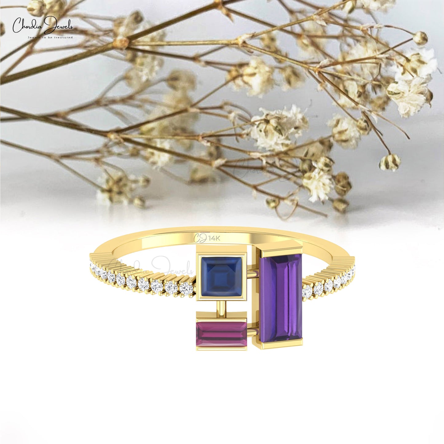 Multi Gemstone Ring in 14k Real Gold Amethyst Rhodolite Garnet And Sapphire Diamond Ring