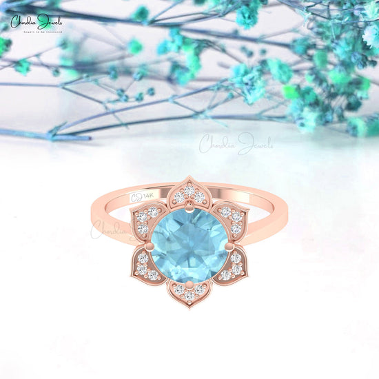 Delicate Floral Ring With 1.5 CT Round Aquamarine Gemstone Dainty Diamond Ring In 14k Gold