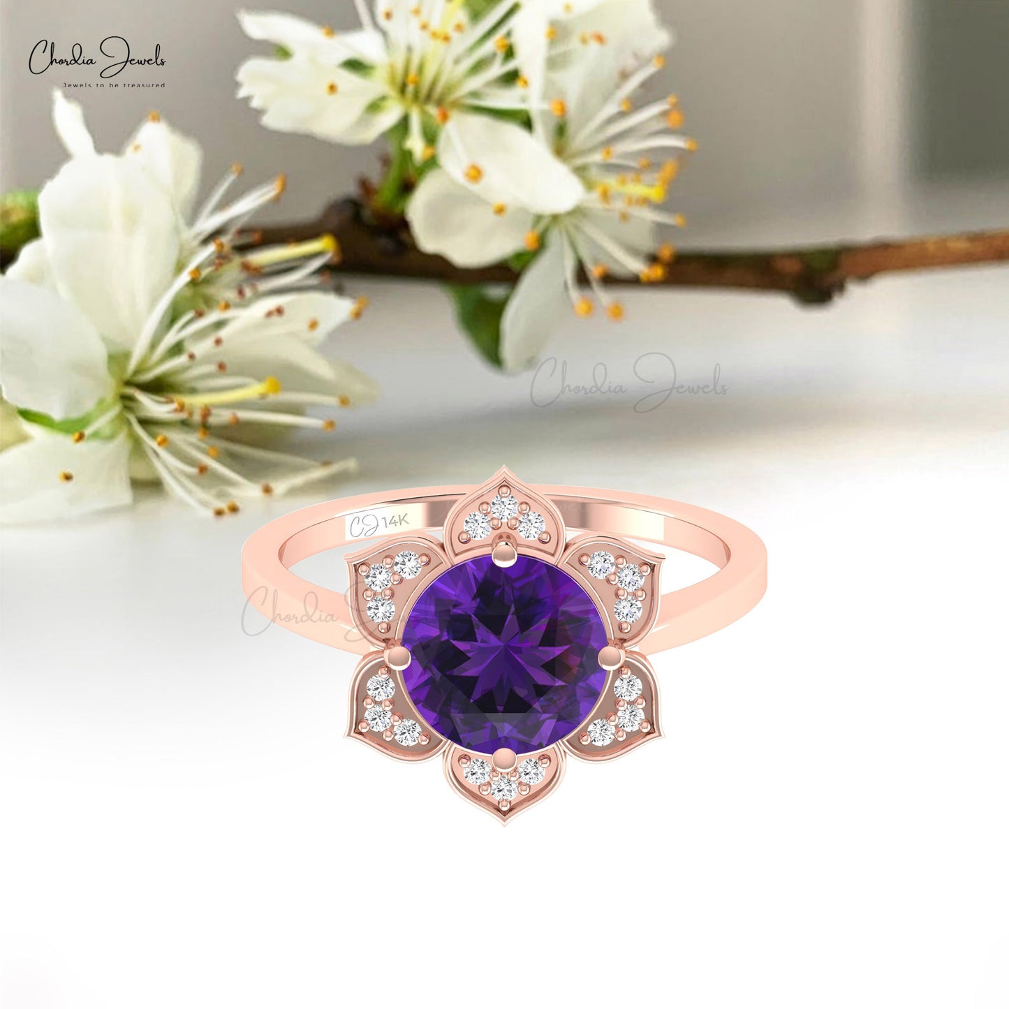 Blossom 1.5 CT Amethyst 14k Gold Ring With Round Diamond Floral Style Ring