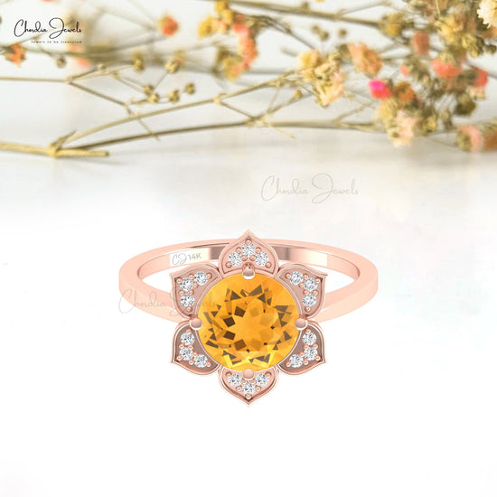 Flower Ring With 1.5 CT Round Citrine And Pave Diamond 14k Solid Gold Bloom Ring For Mom