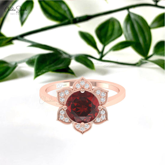 Daisy Flower Ring Round 8mm Real Garnet And Diamond Proposal Ring in 14k Solid Gold