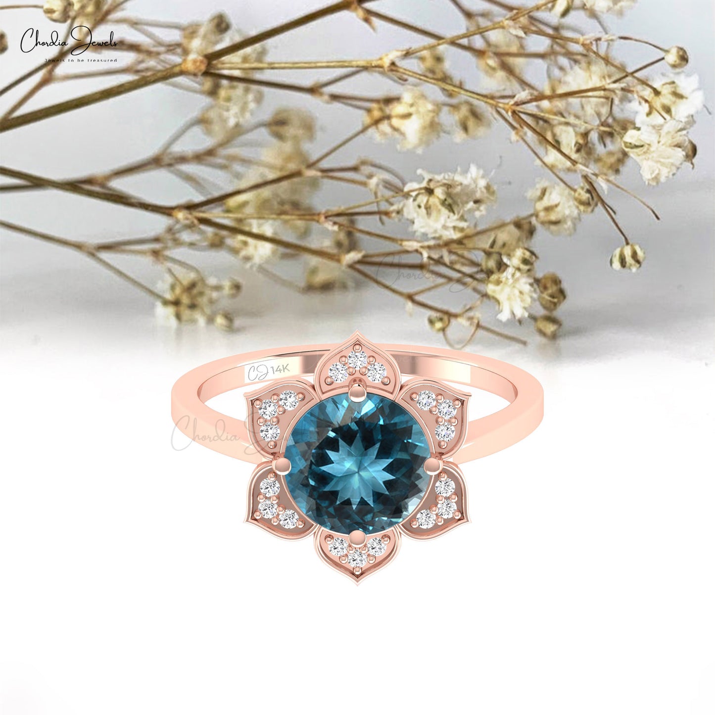 Real 14k Gold Flower Lotus Ring With 8mm London Blue Topaz  & Diamond Halo Wedding Ring