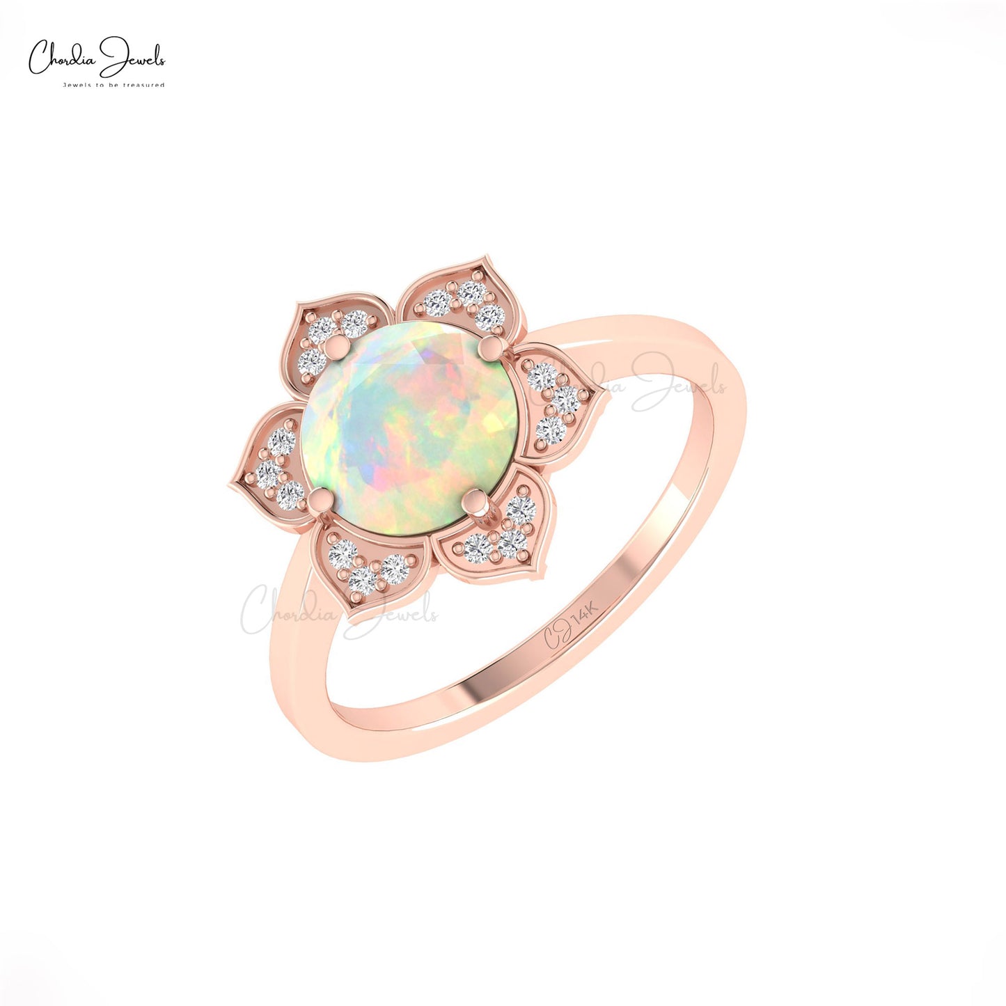 Solid 14k Gold Daisy Ring With 8mm Round Fire Opal And Diamond Wedding Rings For Women