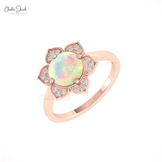 Solid 14k Gold Daisy Ring With 8mm Round Fire Opal And Diamond Wedding Rings For Women