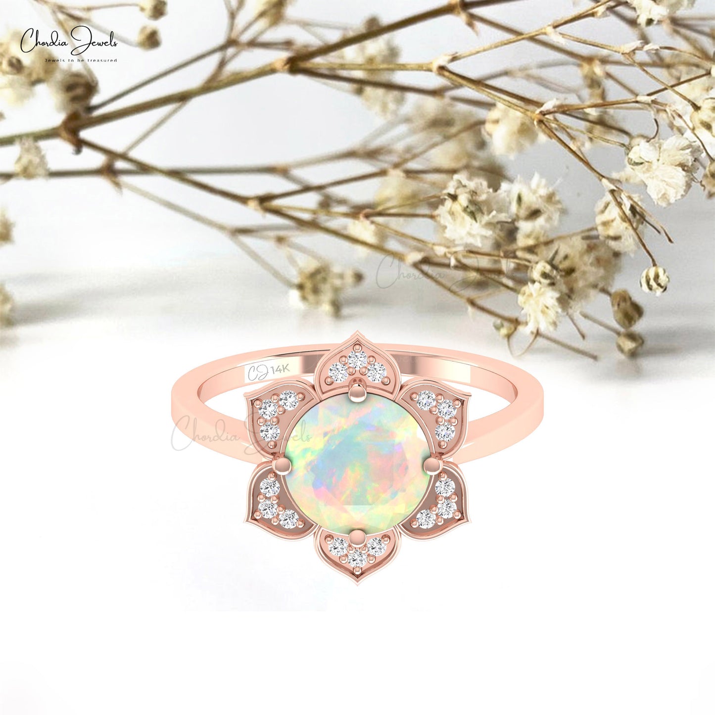 Solid 14k Gold Daisy Ring With 8mm Round Fire Opal And Diamond Wedding Rings For Women