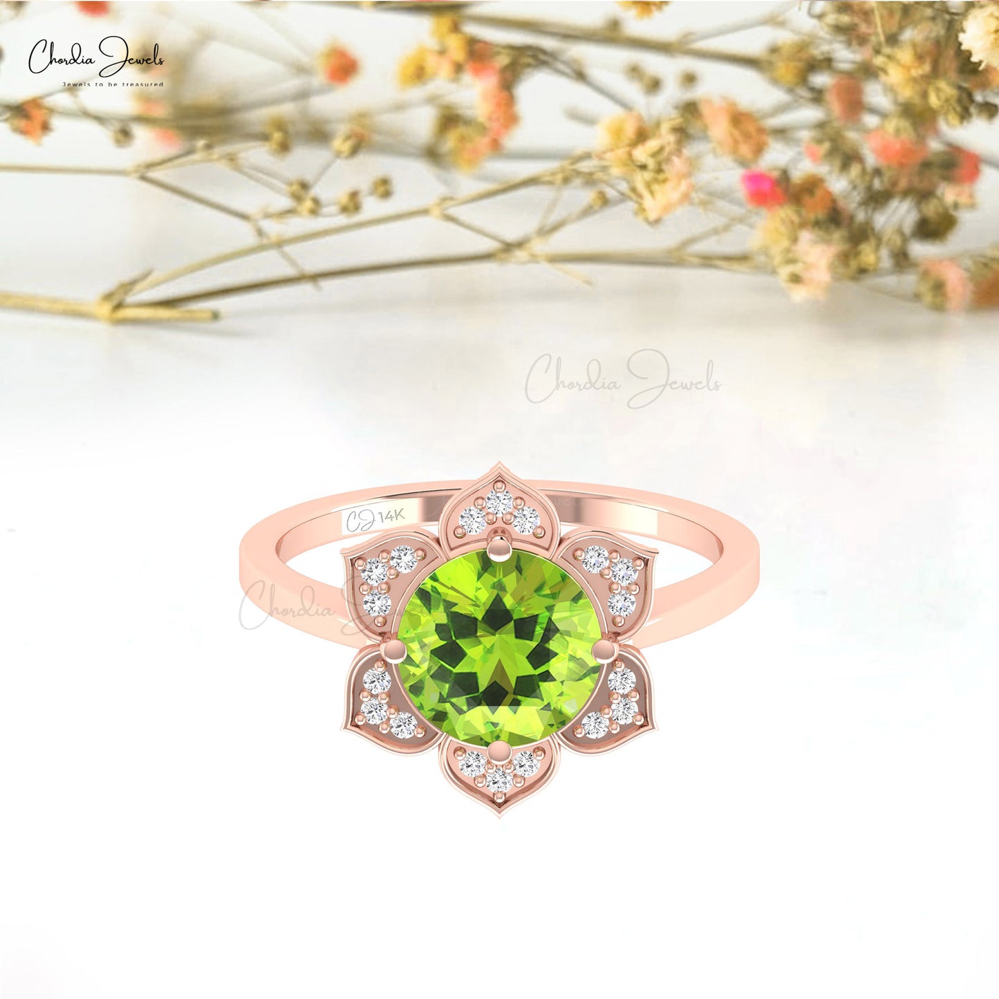 Solid 14k Gold Daisy Ring With Natural Round 8mm Peridot And Diamond Petal Ring