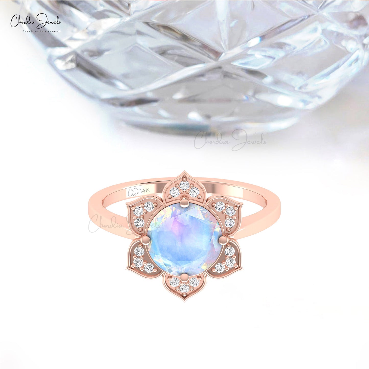 Real 14k Gold Floral Ring With 8mm Rainbow Moonstone And Diamond Wedding Ring