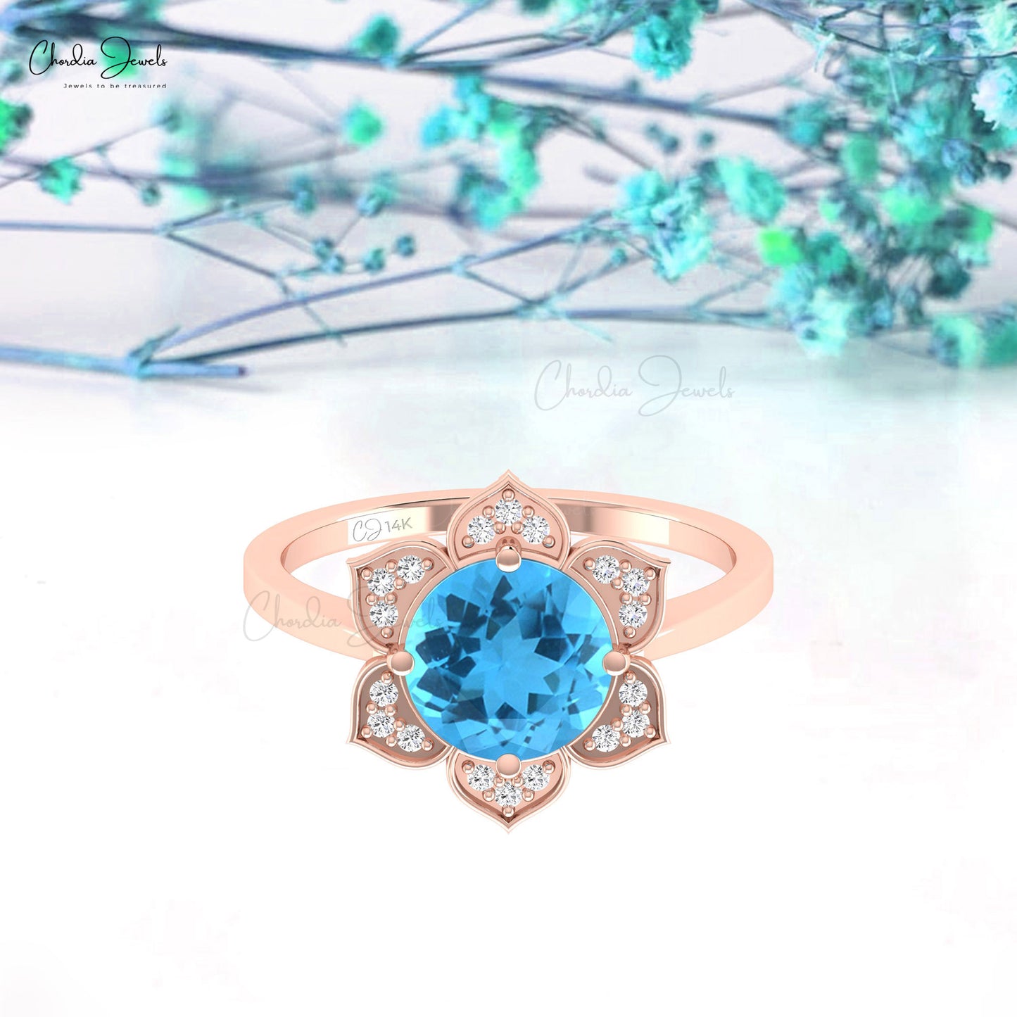 Solid 14k Gold Natural Swiss Blue Topaz And 1.1mm Round Diamond Daisy Ring