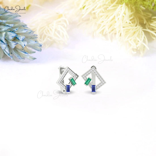 Solid 14k Gold Diamond With 0.12Ct Emerald And Baguette Tanzanite Hoop Earrings