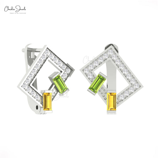 Natural Multi Stone Hoop 0.23 Cts Diamond Earrings in Solid 14k Gold Fine Jewelry for Women