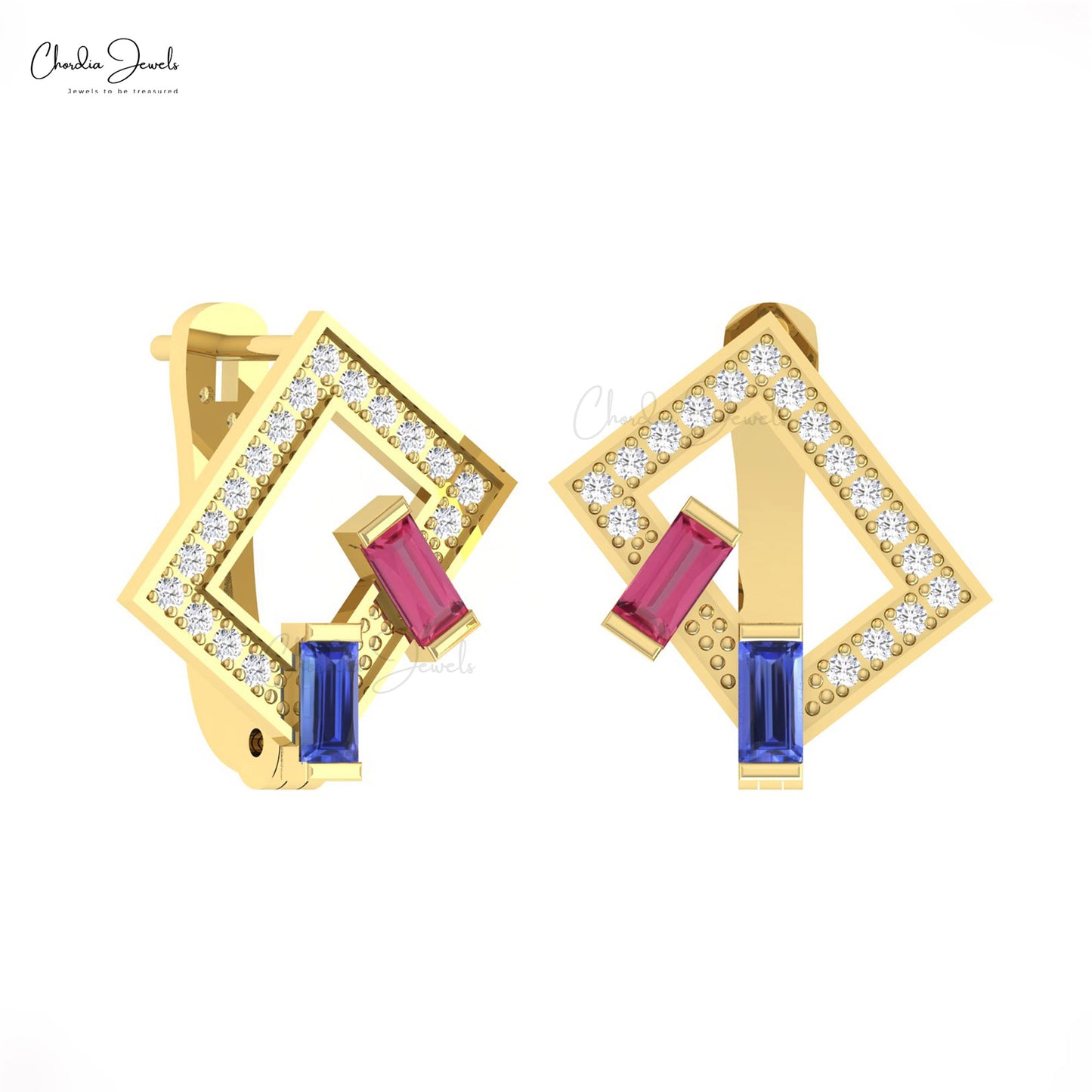 Multi Stone Hoop With Real 14k Gold Diamond And Baguette Pink Tourmaline Tanzanite Earrings