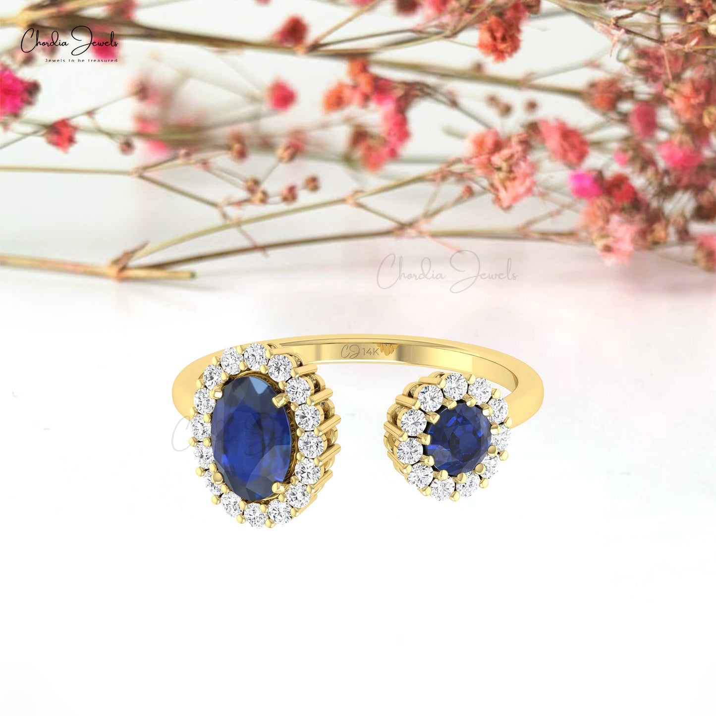 Double Halo Open Cuff Ring With 0.95 Ct Blue Sapphire Diamond Ring in 14k Real Gold