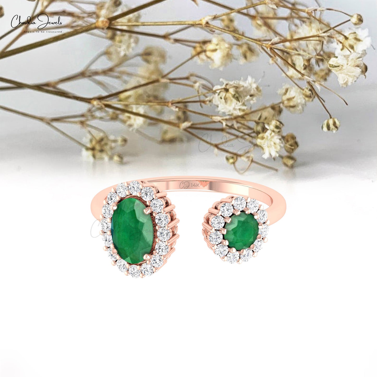 Open Band Ring With 1 CTW Green Emerald And Halo Diamond Statement Ring In 14k Real Gold