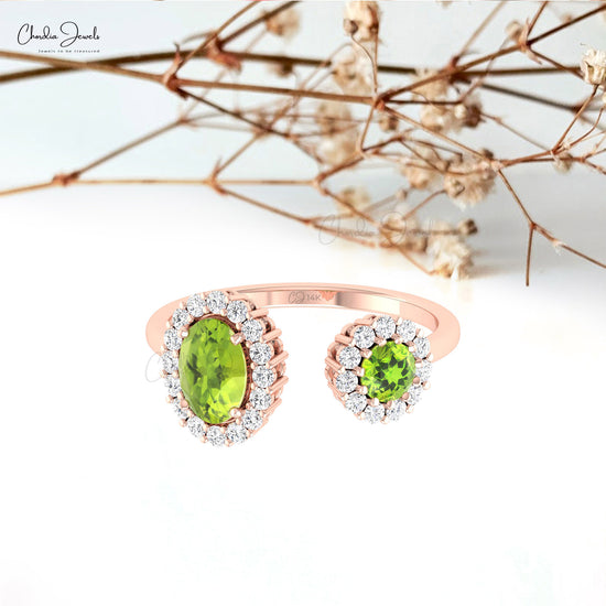 Open Cuff Dual Halo Ring 1 CTW Oval Cut Peridot Gemstone And Diamond Adjustable Ring