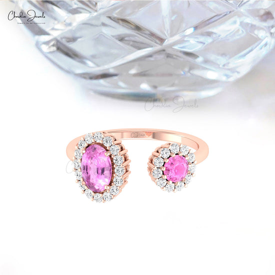 Open Cuff Diamond Halo Ring With 0.95 Ct Pink Sapphire 14k Real Gold Split Shank Ring