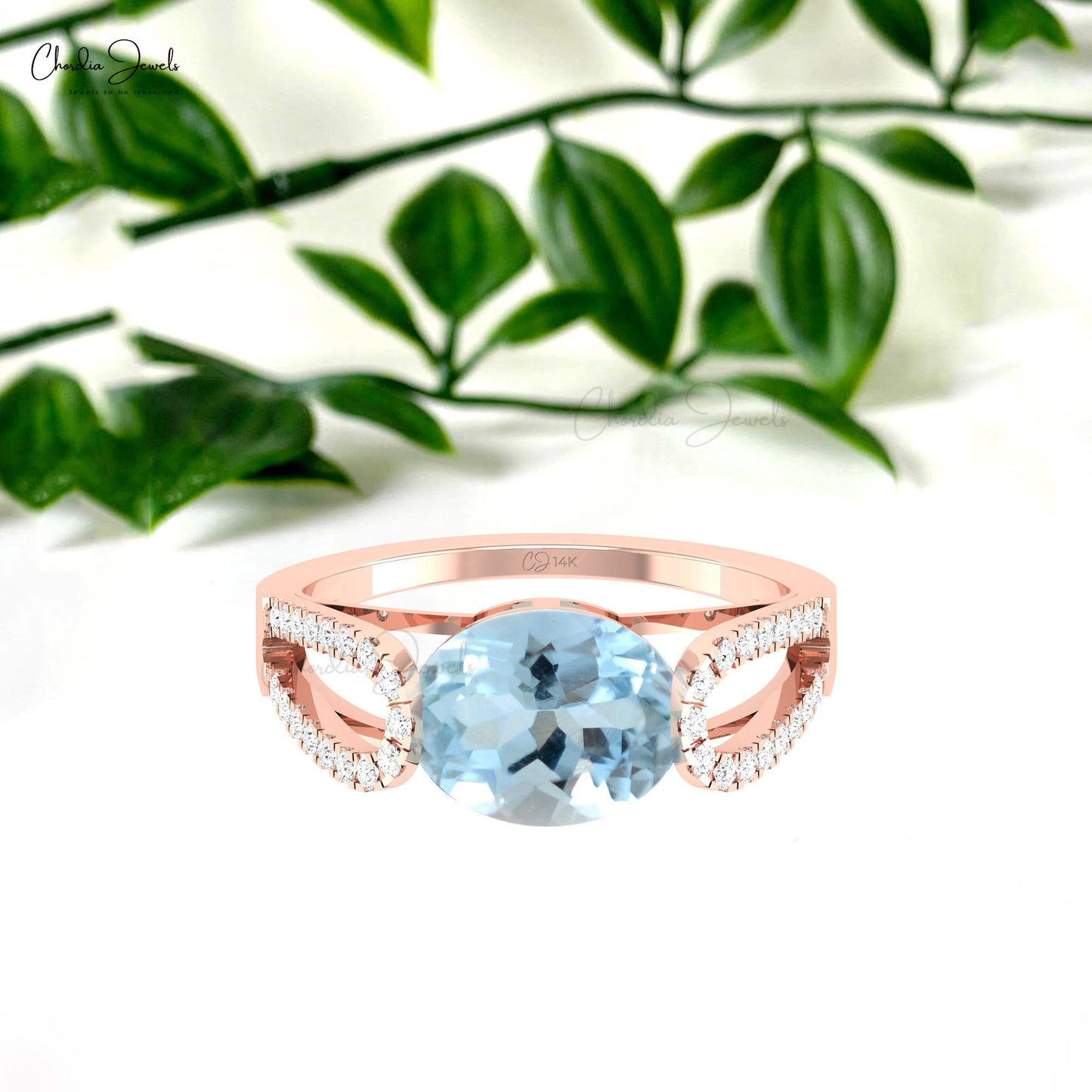 Real Aquamarine Gemstone With Pave Set Diamond Bypass Ring In 14k Solid Gold Hallmark Jewelry