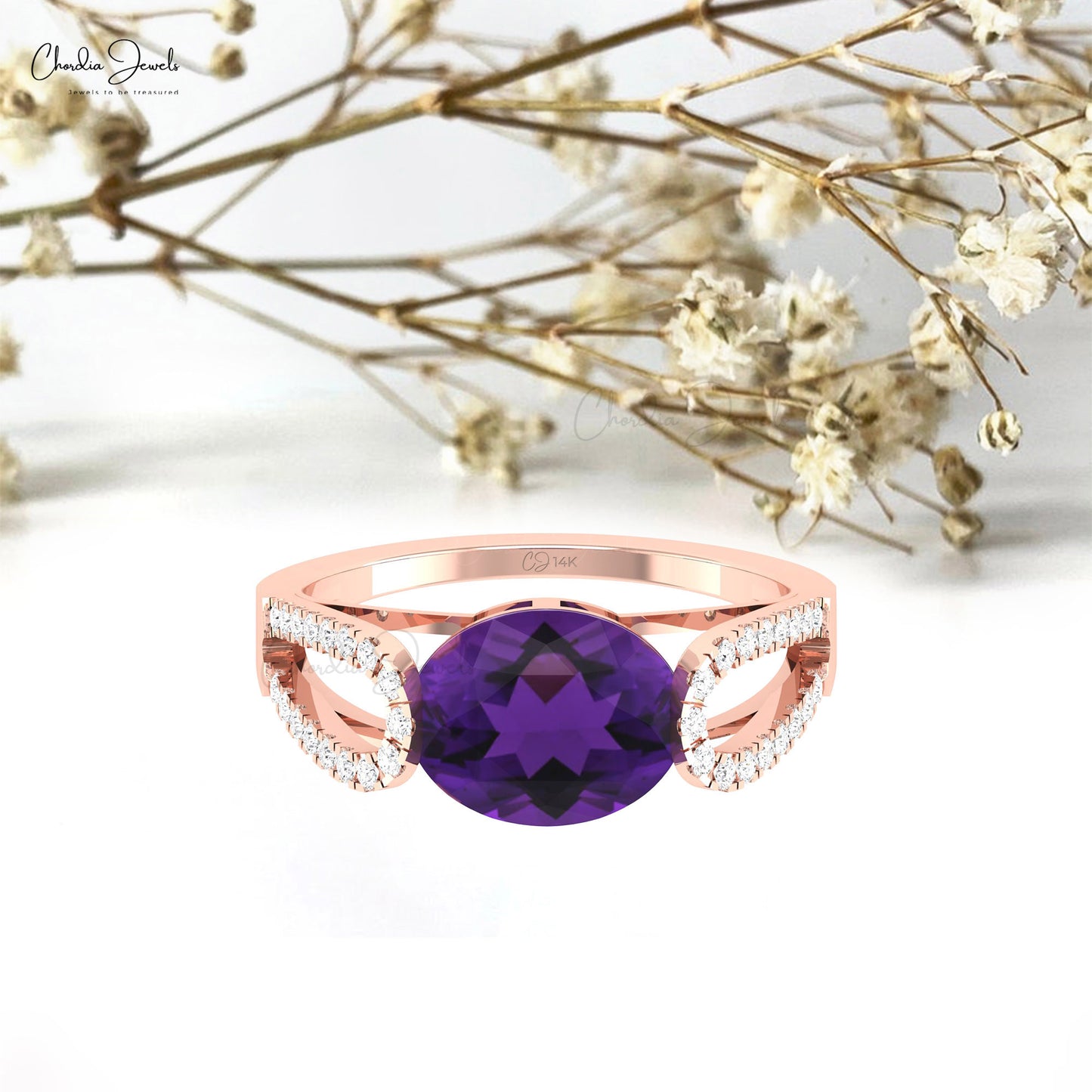 Delicate 3 CT Oval Cut Amethyst Gemstone And Diamond Bypass Ring In 14k Solid Gold