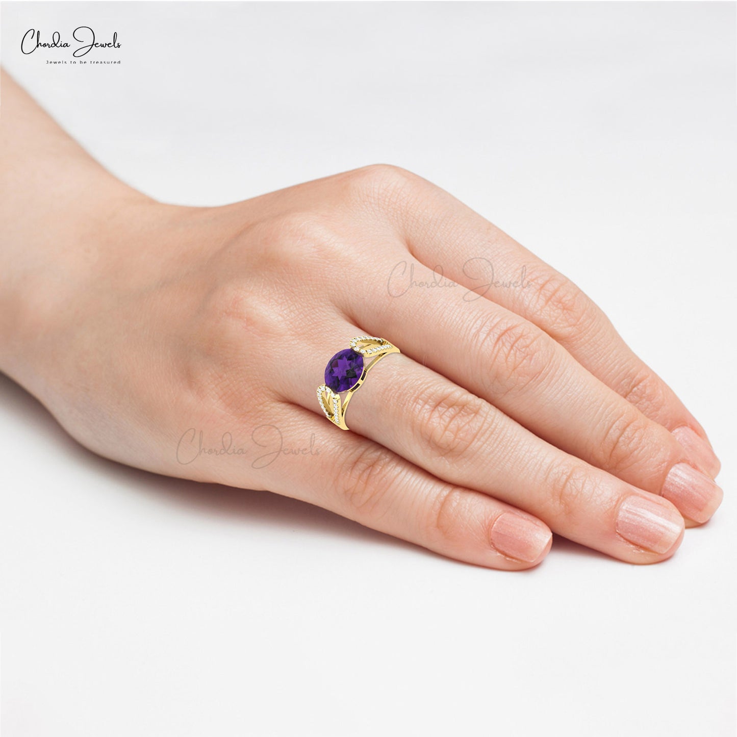 Delicate 3 CT Oval Cut Amethyst Gemstone And Diamond Bypass Ring In 14k Solid Gold