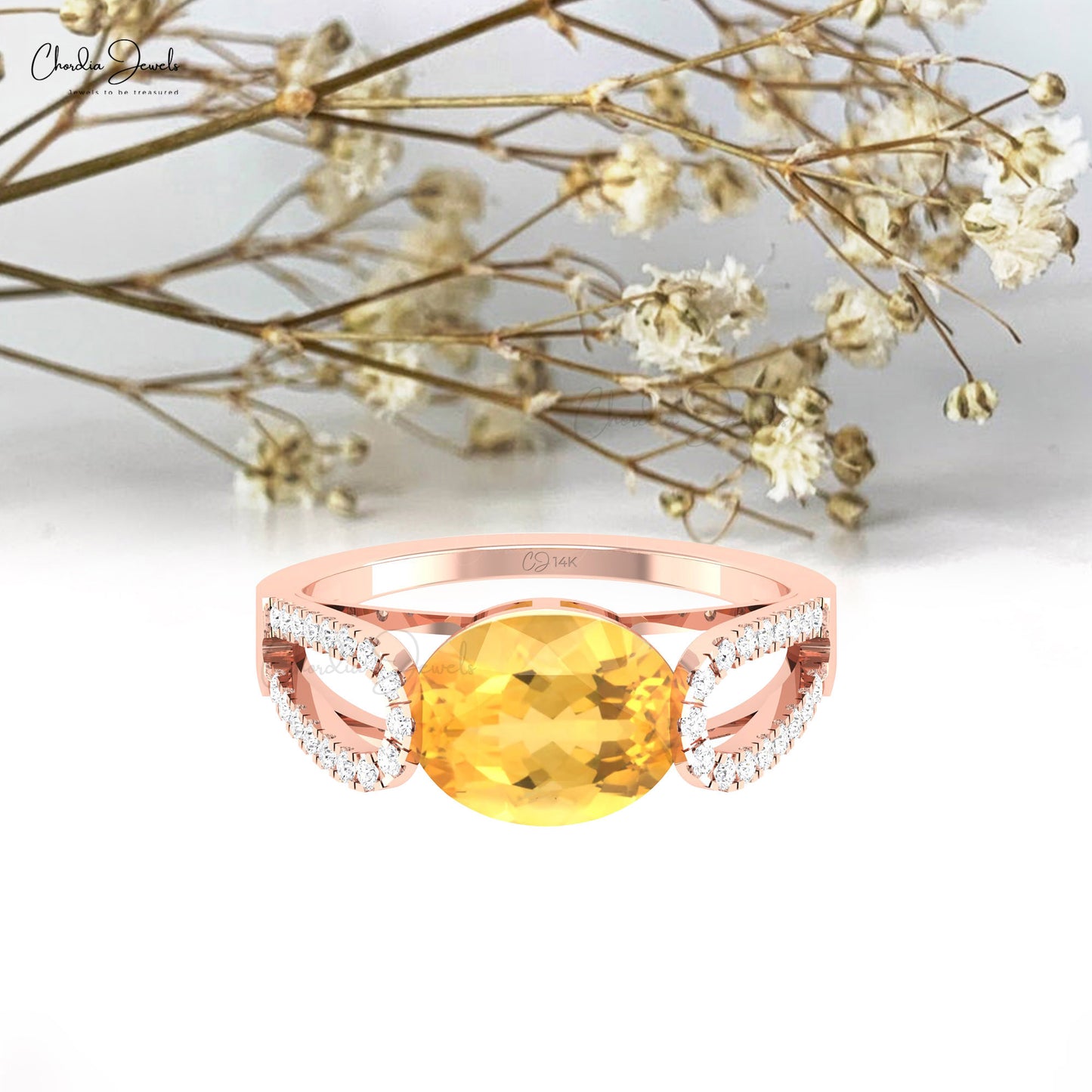 Solid 14k Gold Split Shank Ring With 3 CT Citrine Gemstone And Diamond Engagement Ring