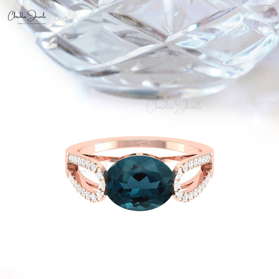 Gemstone Bypass Ring In 14k Solid Gold With 3 CT Prong Set London Blue topaz And Diamond Wedding Ring