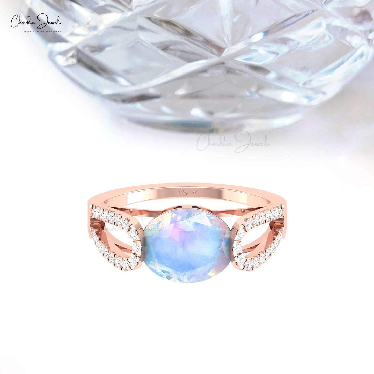 Natural Rainbow Moonstone Bypass Ring In 14k Solid Gold With 10x8mm Gemstone And Round Diamond Ring