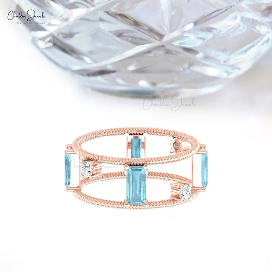 Baguette Cut 1 CTW Aquamarine Double Shank Ring 14k Solid Gold Twisted Wire Diamond Ring