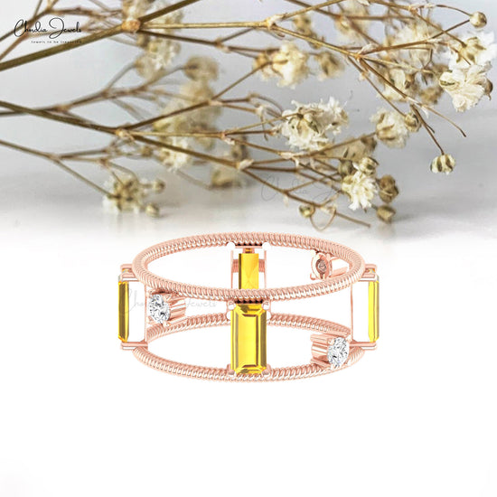 Solid 14k Gold Twisted Wire Cage Ring Genuine 6x3mm Citrine And Diamond Double Band Ring