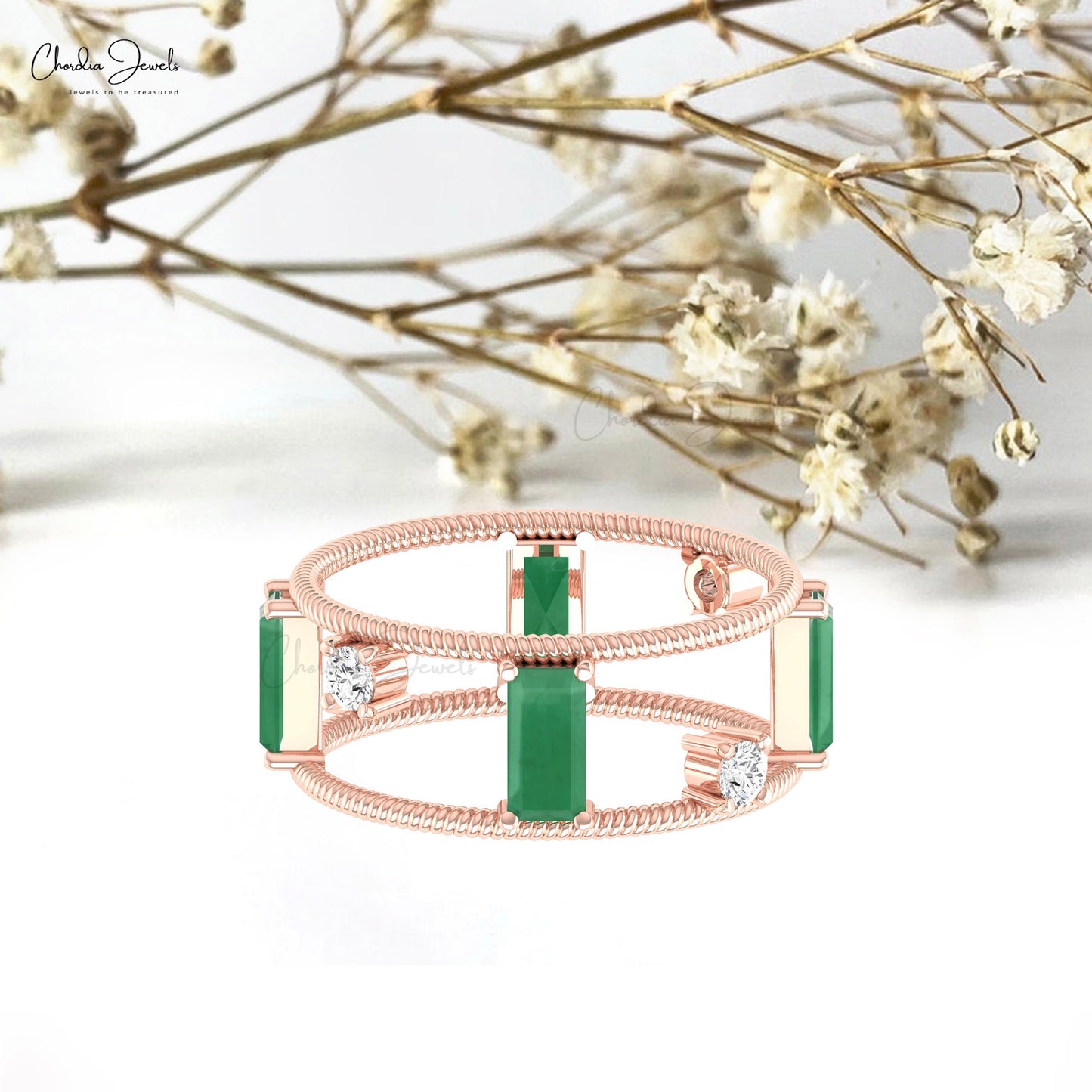 Double Band Wire Ring 14k Solid Gold 1 CTW Zambian Emerald And Prong Set Diamond Ring