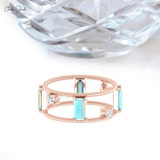 Dual Band Stackable Ring 1 CTW Ethiopian Opal Round Diamond Ring In 14k Solid Gold