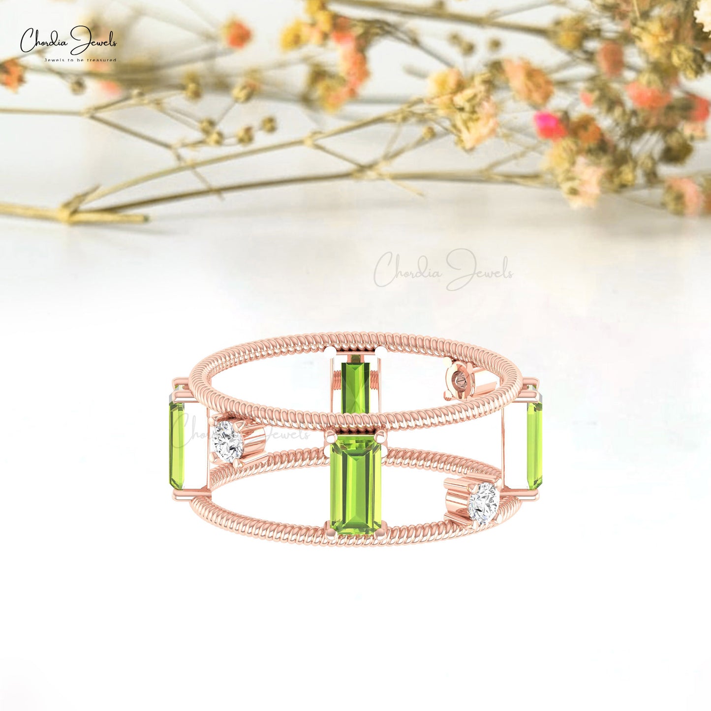 Solid 14k Gold Double Band Stacking Ring 1 CTW Baguette Cut Peridot And Dainty Diamond Ring