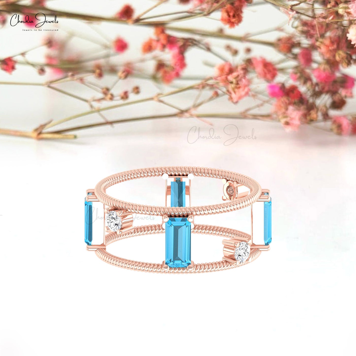 Baguette Cut Gemstone Double Band Cage Ring 1 CTW Swiss Blue Topaz And Diamond Wire Ring