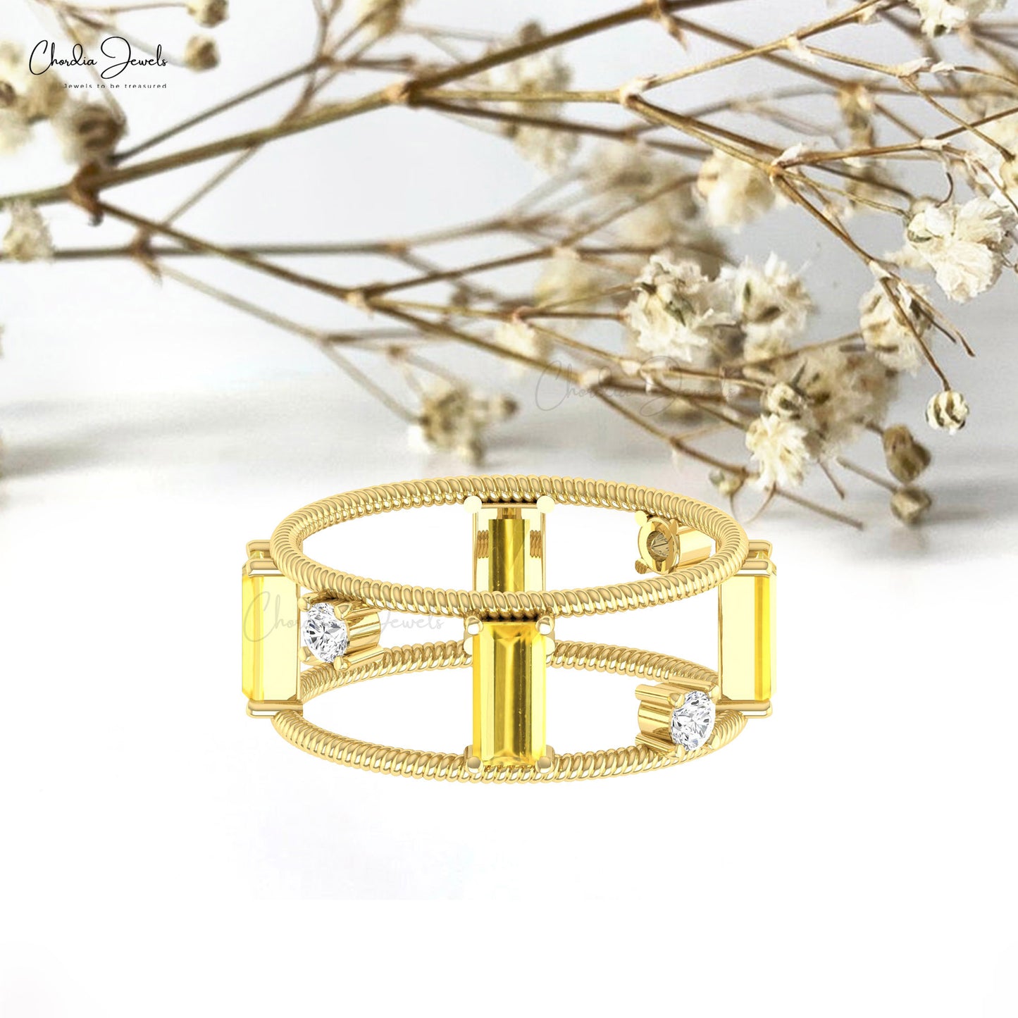 Baguette Twisted Wire Ring With 6x3mm Yellow Sapphire And Diamond Ring in 14k Solid Gold