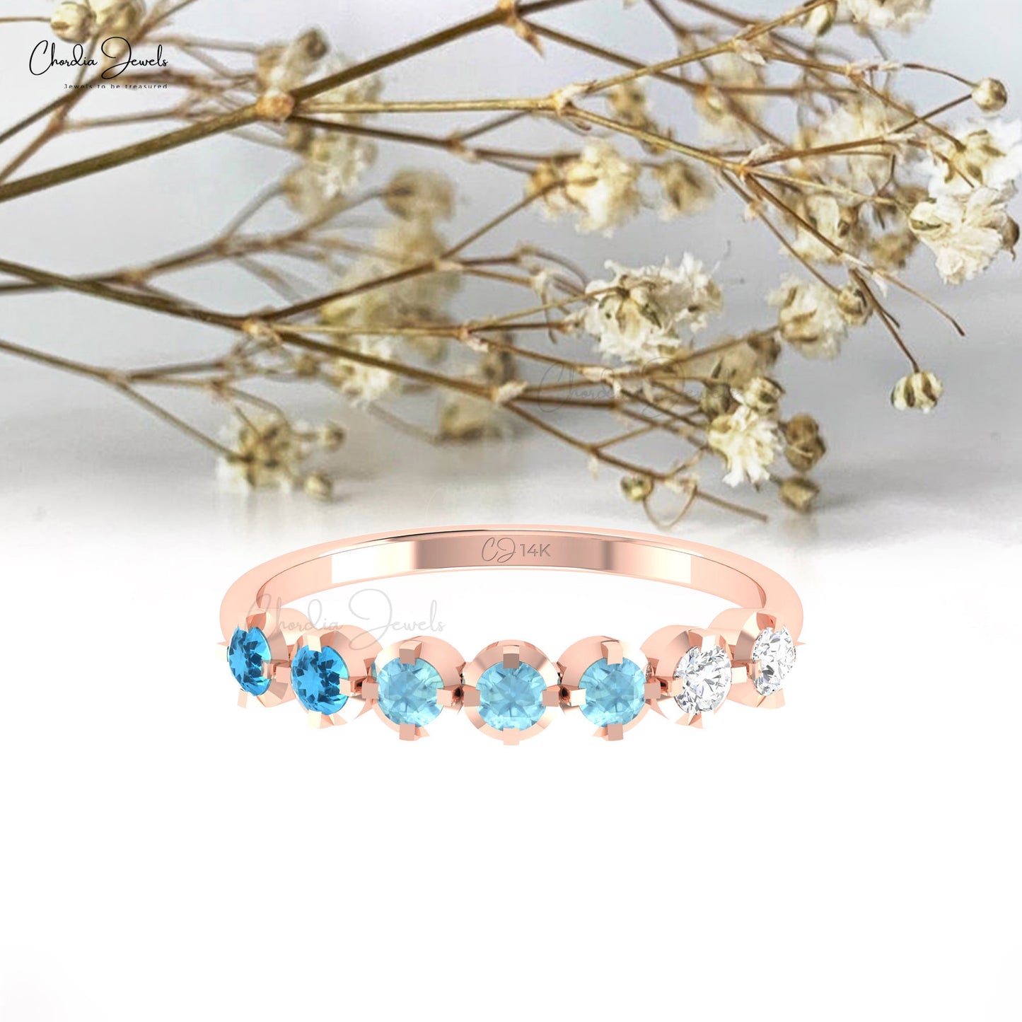 Delicate 2.5mm Swiss Blue Topaz Proposal Ring Aquamarine And Diamond Half Eternity Band In 14k Gold