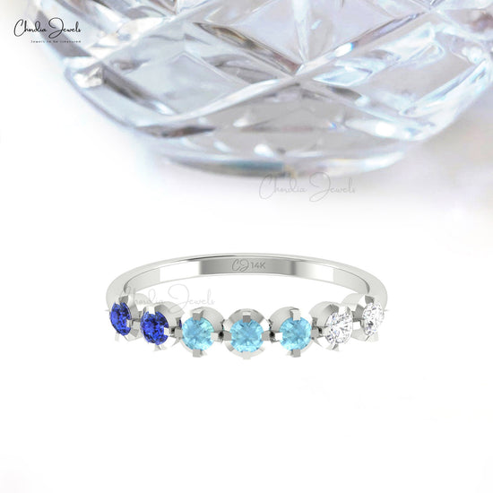 Real 14k Gold Half Eternity Band With 2.5mm Tanzanite & Aquamarine Diamond 7 Stone Ring