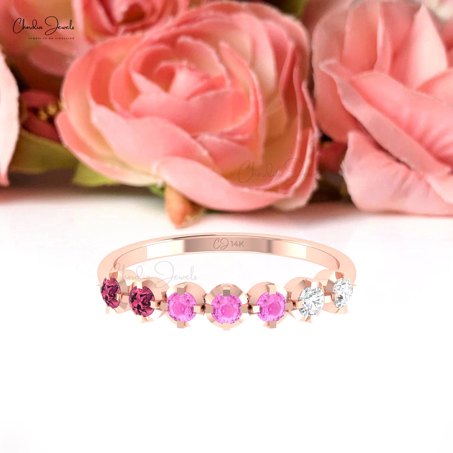 Solid 14k Gold 0.12 CTW Tourmaline Band Ring Pink Sapphire And Diamond Half Eternity Ring