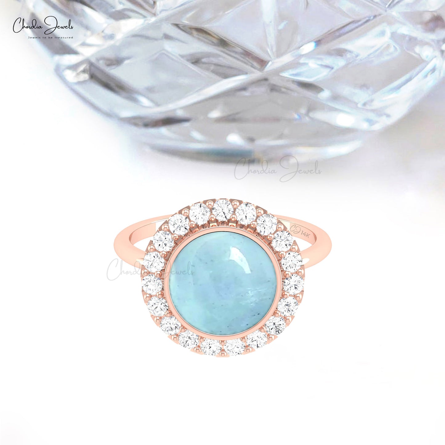 Halo Diamond Ring In 14k Solid Gold 3 CT Round Cabochon Bezel Set Aquamarine Ring