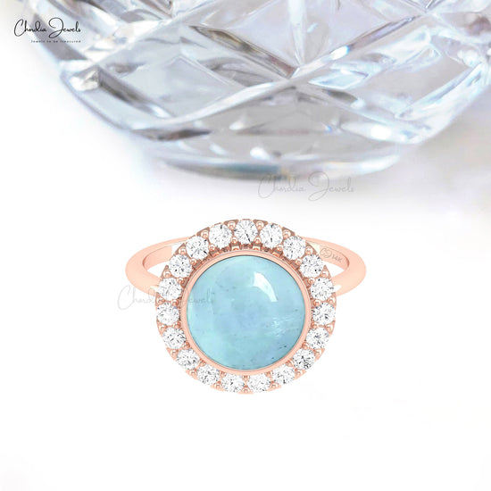 Halo Diamond Ring In 14k Solid Gold 3 CT Round Cabochon Bezel Set Aquamarine Ring