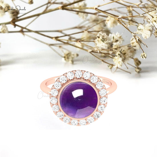 Elegant Statement Ring 14k Solid Gold With 10mm Round Amethyst Halo Diamond Ring