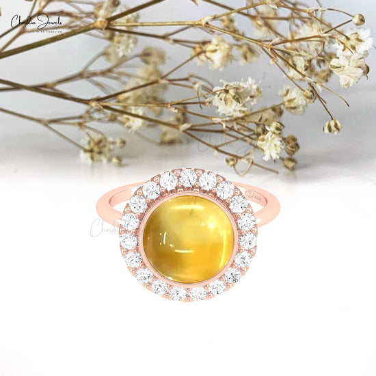 Round Cabochon 10mm Citrine Gemstone And Pave Set Halo Diamond Bridal Ring In 14k Gold