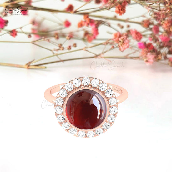 Delicate 10mm Red Garnet Statement Ring 14k Solid Gold Halo Diamond Engagement Ring