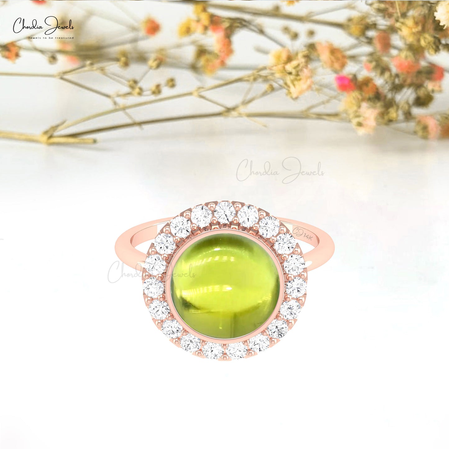 Round Cabochon 3 Ct Peridot Ring In 14k Solid Gold Pave Set Halo diamond Ring