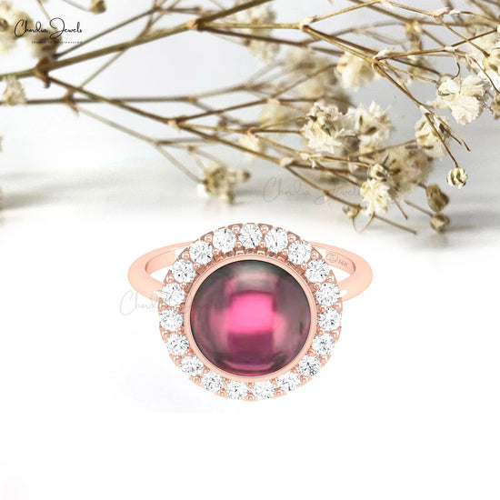 Authentic Halo Ring 3 CT Bezel Set Rhodolite Garnet Ring 14k Solid Gold Diamond Ring