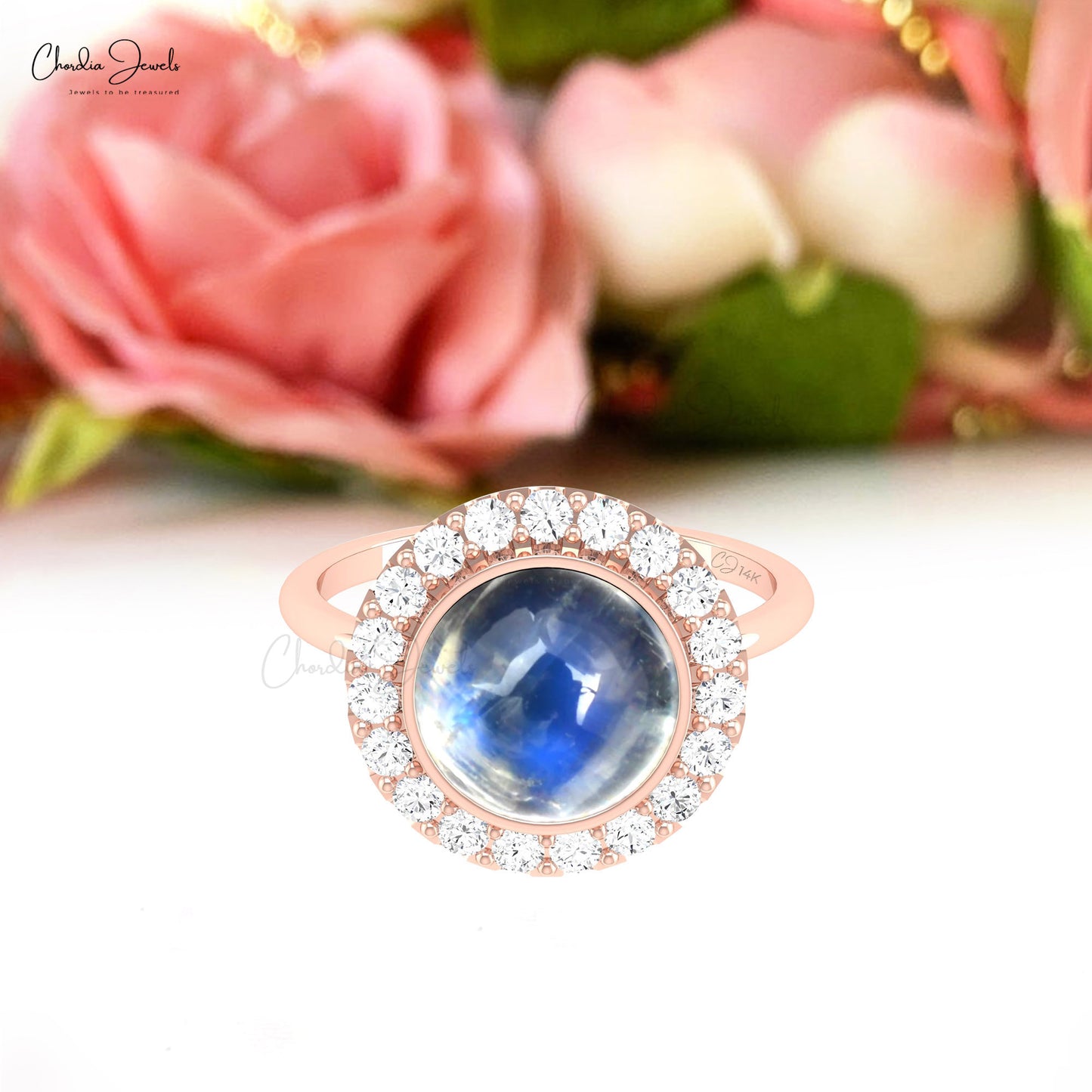 Unique 3 CT Bezel Set Rainbow Moonstone Ring Round Diamond Halo Diamond Ring In 14k Gold